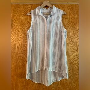 Garnet Hill 100% Linen Striped Sleeveless Button-Down Blouse Grey & Cream